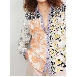 Maeve by Anthropologie Mixed Print Button Down Shirt XS Viscose Floral Leopard